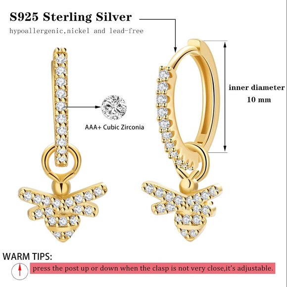 NWT SWEET 18k Gold & Silver Dainty BEE Dangle Hoop EARRINGS! HONEYBEE- GORGEOUS